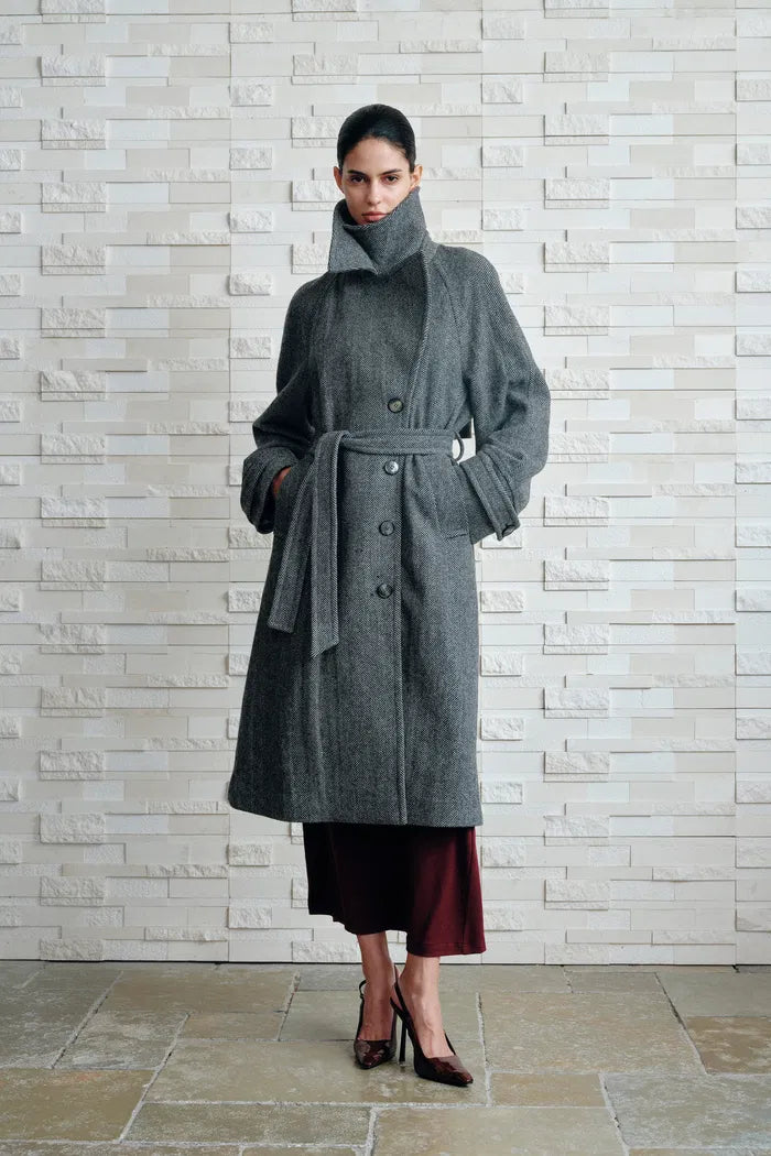 Delia Herringbone Trench Style Coat in Lightweight Merino Wool