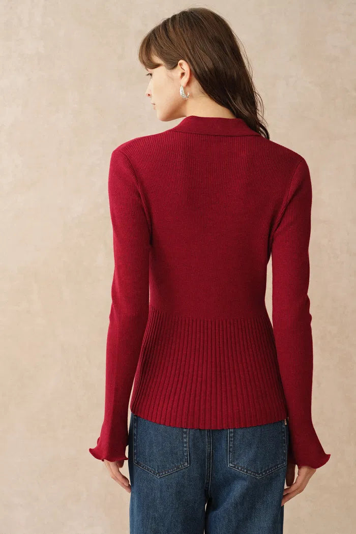 Katia Red Beige Wavy Cuff Fitted Collared Cardigan in Stretchy Merino Wool Cable Knit