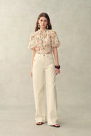 Top transparente de encaje con estampado floral Floris en mezcla de seda y lino