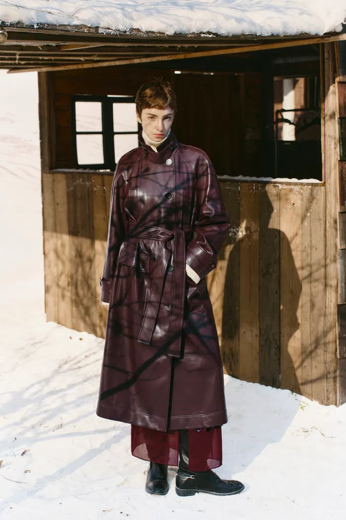 Grecale Vintage Burgundy Long Coat in Faux leather