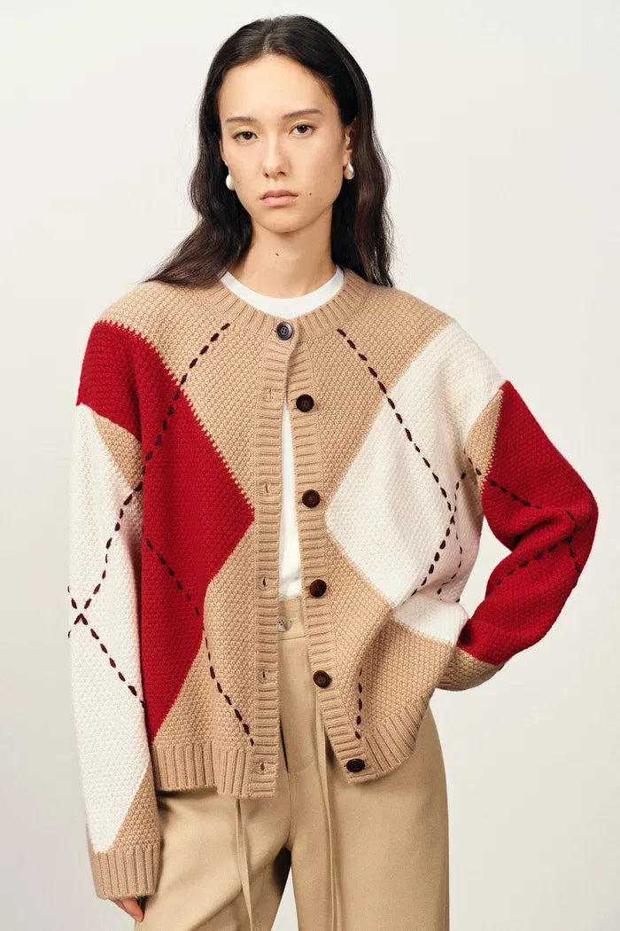 Luce Hand Embroidered Lines Large Plaid Cardigan in Merino Wool