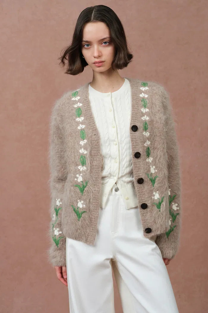 Piper Hand Worked Lilies Cardigan in Alpaca Blend Knit