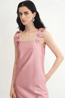 Katia 3D Handcrafted Flower Strap Dress in Silk-Wool Satin