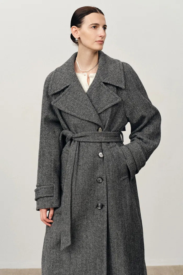 Delia Herringbone Trench Style Coat in Lightweight Merino Wool