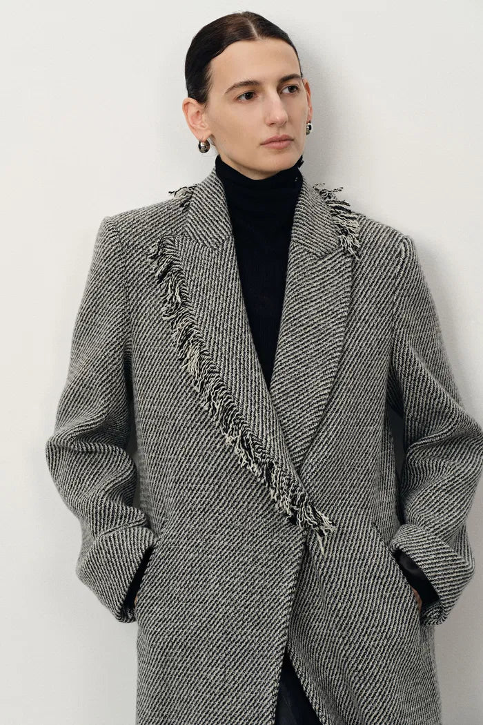 Sabine Asymmetric Fringed Wool Coat in Merino Heavy Tweed