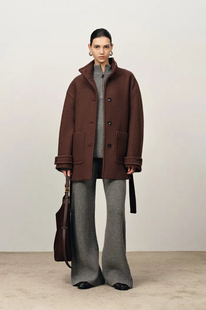 Stand Collar Tie Short Coat in Merino Wool Knit