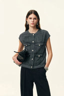 Gilet en denim gris lavé sans col Drew en denim coton