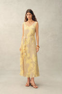 Calista Handpainted Floral Sleeveless Dress in Chiffon Pleates