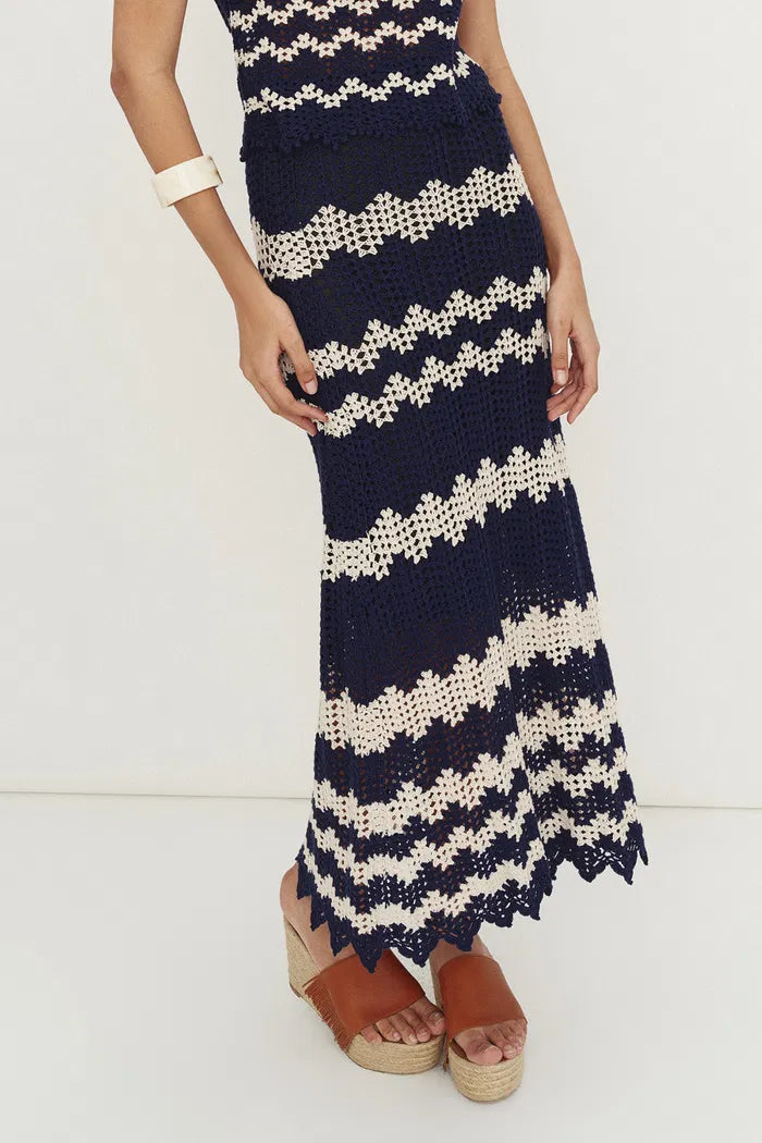 Cecilia Handcrafted Contrasting Crochet Skirt in Cotton-Linen Blend