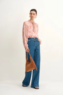 Jean évasé ceinturé Elly en denim coton couleur sarcelle