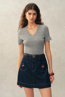 Evie V Neck Pointelle Short Sleeve Top in Cotton Knit