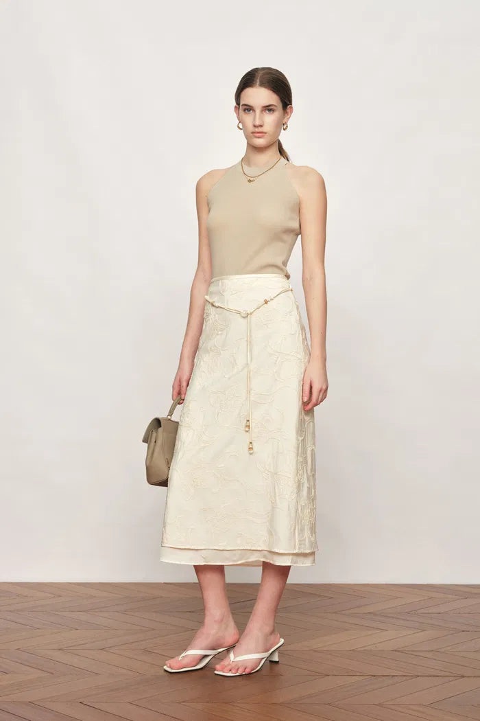 Korin Koi Embroidered Tie-Waist Skirt in Cotton and Wool