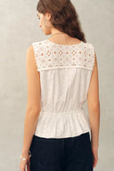 Sophia Hand Crochet Cinched Waist Sleeveless Top in Cotton Jacquard