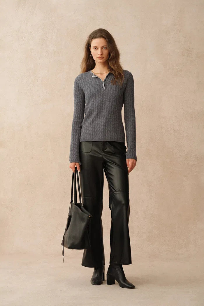 Mika Henley Neck Long Sleeve Top in Merino Wool Cable Knit