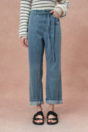 Zoe Raw Edge Waistband Straight Leg Jeans in Cotton Denim