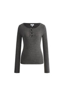 Eden Graues Schleifen-Cutwork Woll-Langarmshirt in Merinowollstrick