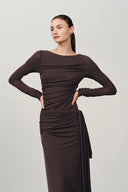 Robe maxi plissée à manches longues froncée Viet en tricot Tencel mérinos