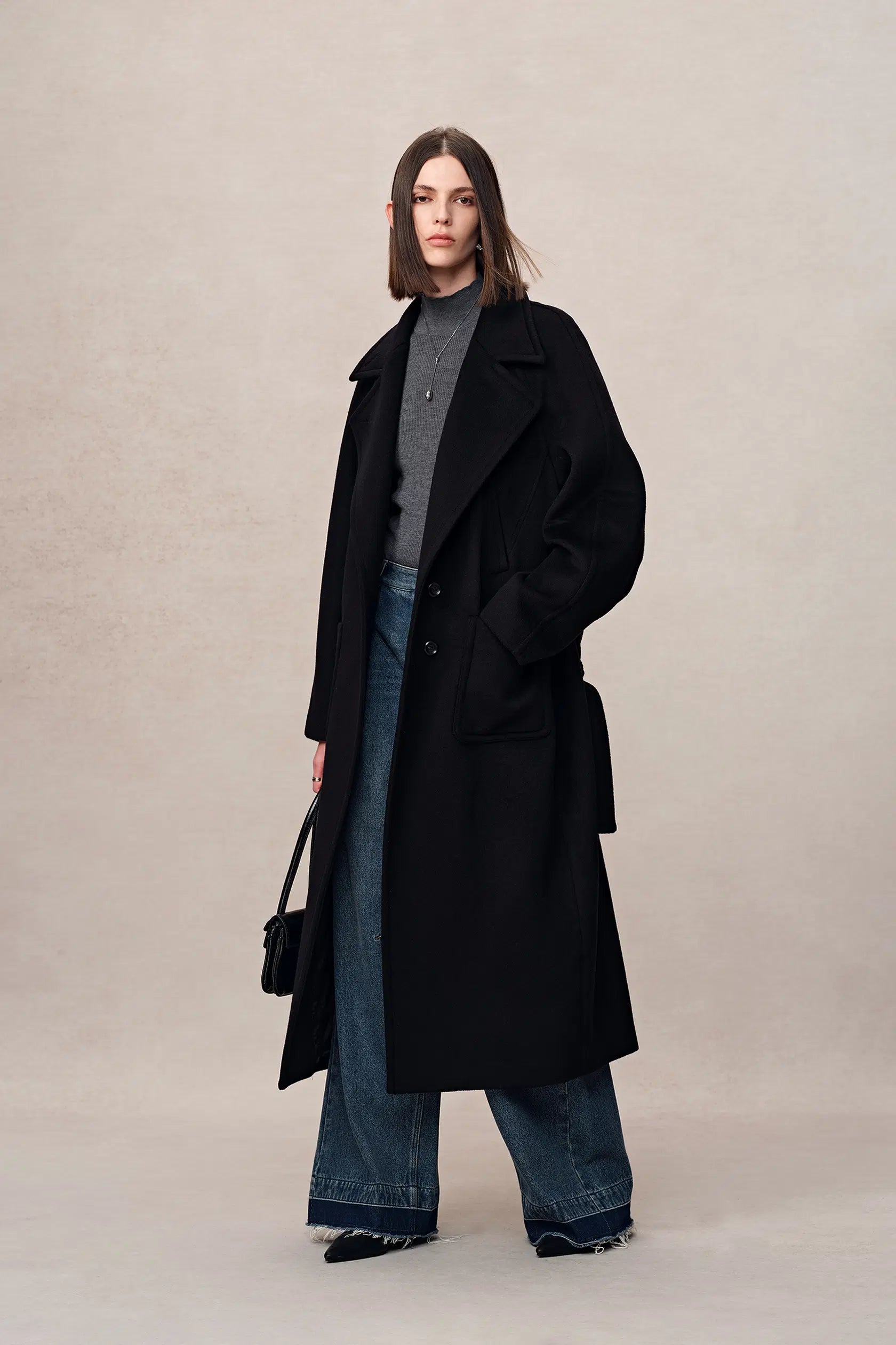 Rond Maxi Lapel Long Coat Merino Cashmere Blend