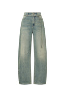 Skylar Denim Tie Belted Barrel Leg Jeans in Washed Cotton Denim