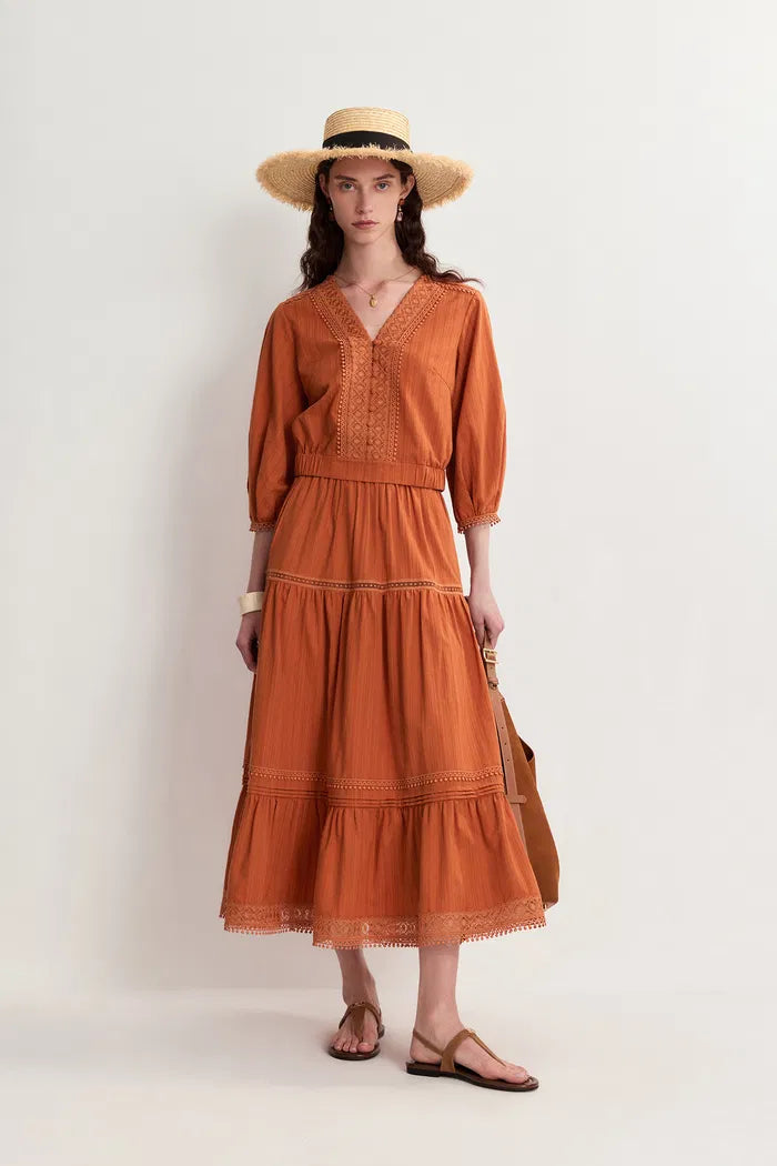 Elli Embroidery Puff Sleeve Blouse Top and Maxi Skirt Matching Set in Cotton