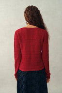 Vila Openwork Textured Lace-Trim V-Neck Knit Cardigan In Fine Cotton Yarn