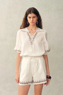 Becky Cross Stitch Tie Front Short Sleeve Shirt and Shorts Set in Linen Blend