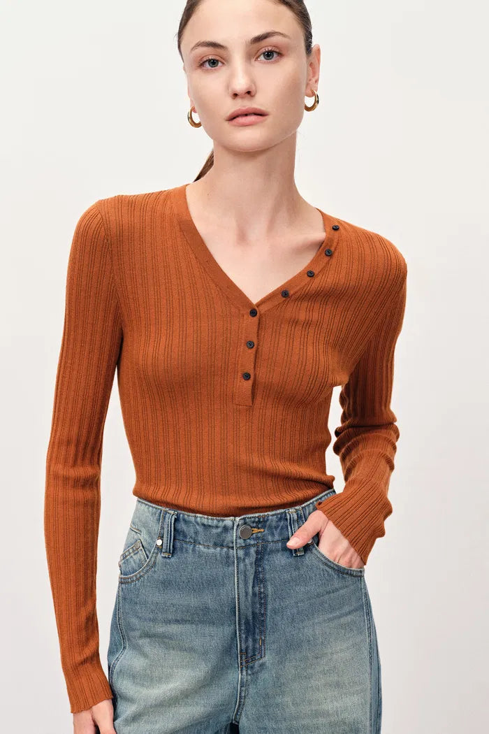Vivi Henley Top in Stretchy Rib Knit Merino Wool
