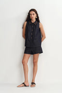 Ensemble assorti haut sans manches et shorts Zach en denim soie-coton