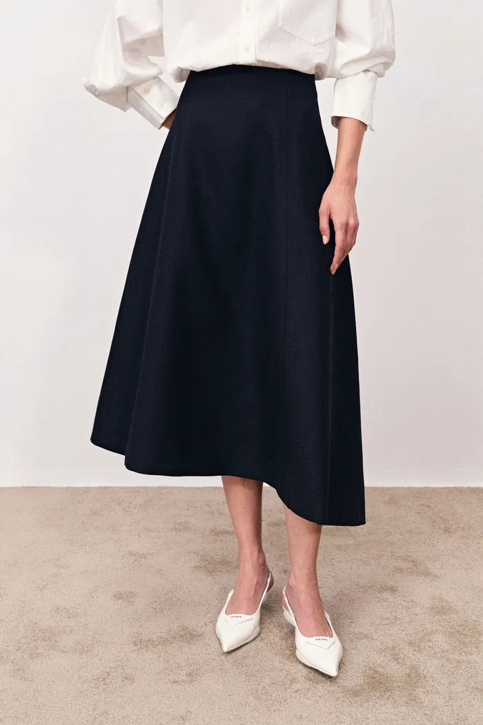 Ilse Asymmetric Midi Skirt in Fine Wool Blend