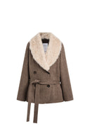 Ruth Herringbone Belted Low Waist Coat in 100% Wool