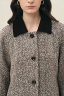 Lucile Contrast Lapel Herringbone Midi Coat in Wool Blend