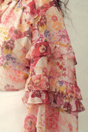 Marie Hand-Painted Print V-Neck Ruffle Top in Sheer Chiffon