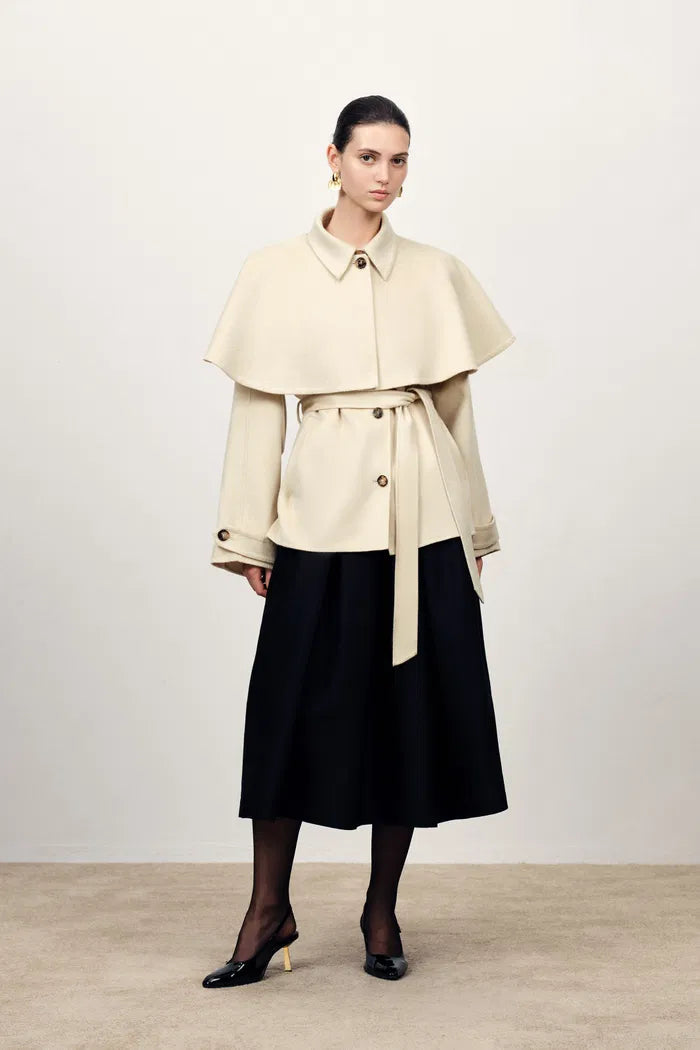 Harmony Detachable Cape Shearling Short Coat in Merino Wool