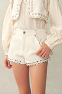 Cori Boho Mother of Pearl Studded A Line Shorts in Cotton Denim
