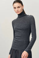 Lumina Semi Sheer Shoulder Turtleneck Undershirt in Merino Wool Rib Knit