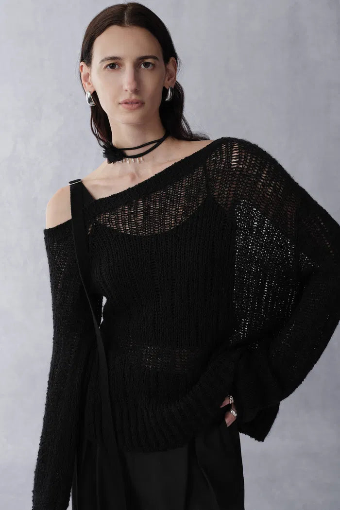 Flore Cold Shoulder Distressed  Long Sleeve Top in Merino Alpaca Knit