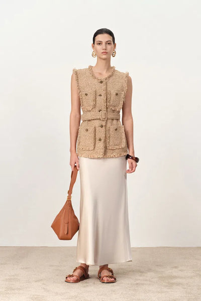 Avignon Belted Fringed Tweed Sleeveless Vest Top in French Bouclé