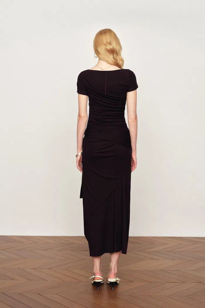 shenzhen ruched dress Stretch Silk Velvet Ruched Midi Dress in Dogwood