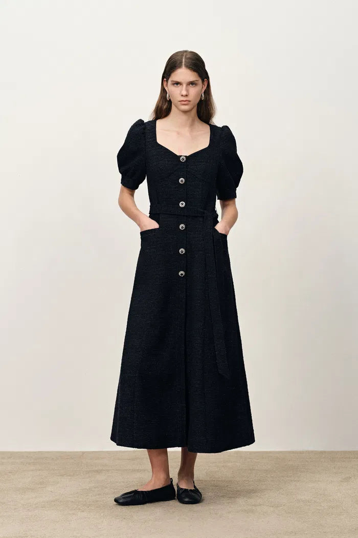 Sofia Puffy Sleeves Maxi Dress in Lightweight Tweed Blend