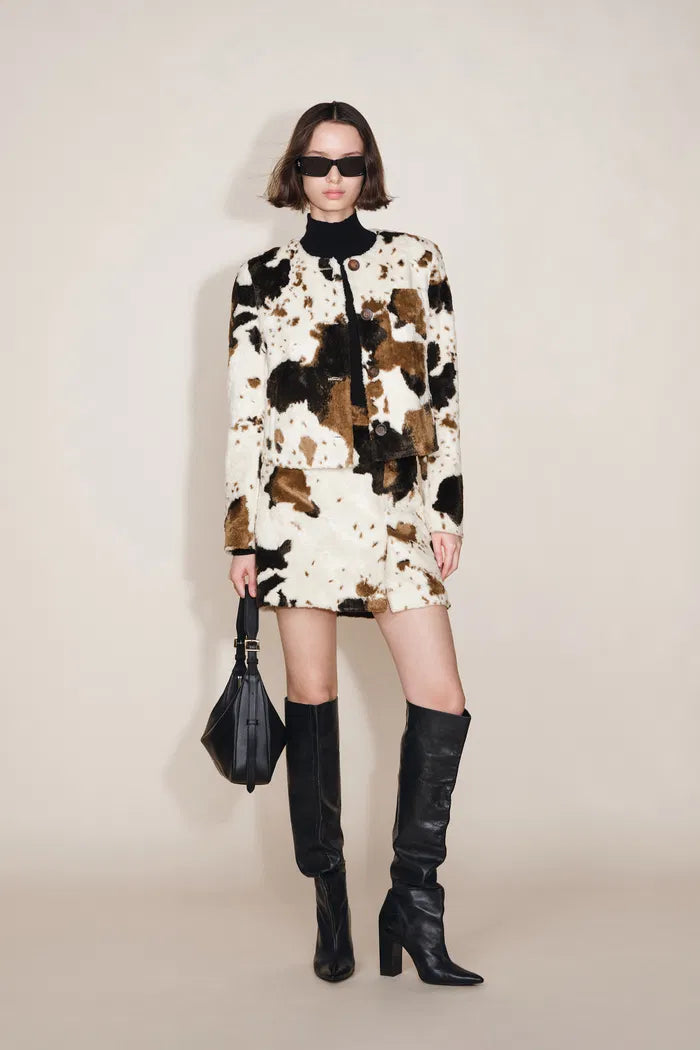 Mane Cow Print Mini Skirt in Faux Horse Fur