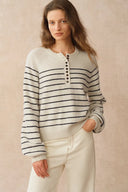 Rhea Scalloped Henley Striped Sweater in Wool-Alpaca Knit