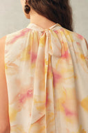 Charlotte Handpainted Floral Neck Tie Sleeveless Blouse in Silk Double Crepe