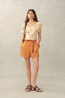 Winnie Floral Embroidery Ruched Puff Sleeve Top in Linen Blend