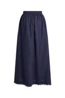 Siena Smocked Tie Front Bandeau Top and Maxi Skirt Set in Linen Blend-Dark Blue