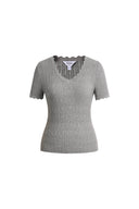 Evie V Neck Pointelle Short Sleeve Top in Cotton Knit