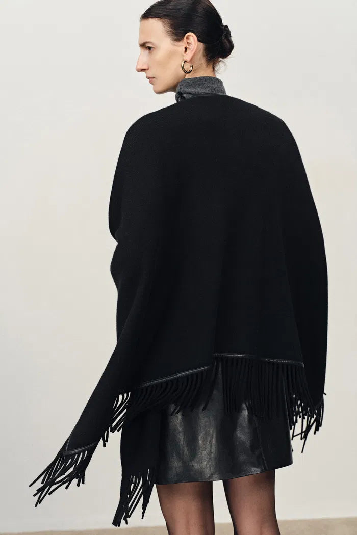Luna Contrast Leather Fringe Poncho in Merino Cashmere Knit