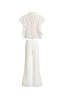 Lilou French Cutwork Embroidery Ruffle-Sleeve Top and Pants Matching Set in Cotton & Linen