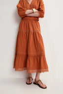 Elli Embroidery Puff Sleeve Blouse Top and Maxi Skirt Matching Set in Cotton