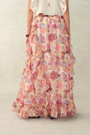 Amélie Hand-Painted Print Ruffle Skirt in Sheer Chiffon