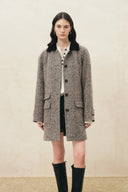 Lucile Contrast Lapel Herringbone Midi Coat in Wool Blend